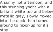 A sunny hot afternoon, and this stunning yacht with a brilliant white top and below metallic grey, slowly moved  into the dock then turned  around to moor-up for it's stay.