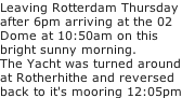 Leaving Rotterdam Thursday after 6pm arriving at the 02 Dome at 10:50am on this bright sunny morning. The Yacht was turned around at Rotherhithe and reversed back to it's mooring 12:05pm